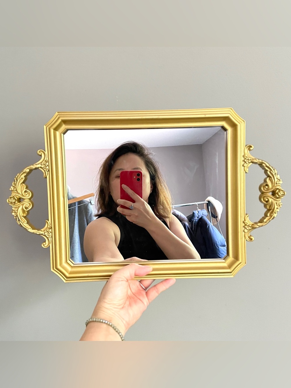 Vintage Inspired Gold Plastic Mirrored Rectangular Vanity Tray w/ Handles - Picture 6 of 8